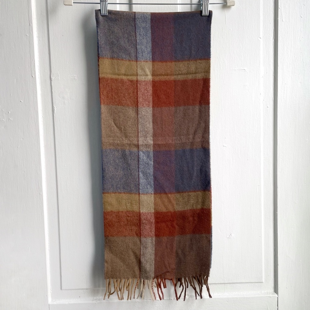 Vintage LS Ayres West Germany 100% Merino Wool Plaid Fringed Scarf